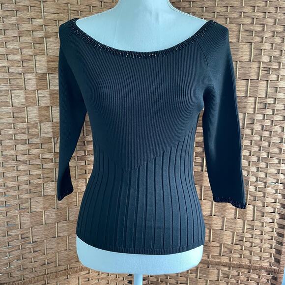 Cache Women's Beaded Detail Ribbed Sweater Shirt accent Black 3/4 Sleeve Silk - Picture 1 of 9